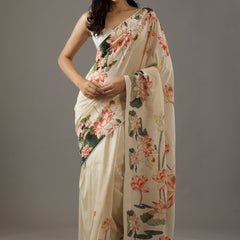 Cream Moss Fabric Floral Printed Elegant Saree
