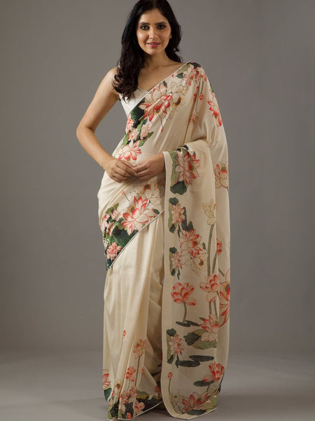 Cream Moss Fabric Floral Printed Elegant Saree