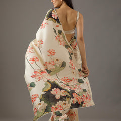 Cream Moss Fabric Floral Printed Elegant Saree