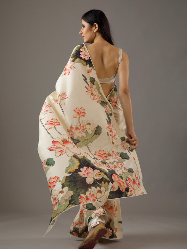 Cream Moss Fabric Floral Printed Elegant Saree