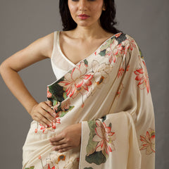 Cream Moss Fabric Floral Printed Elegant Saree