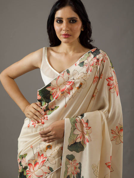 Cream Moss Fabric Floral Printed Elegant Saree