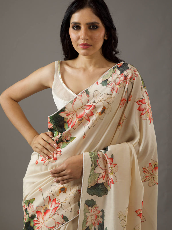 Cream Moss Fabric Floral Printed Elegant Saree