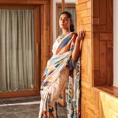 White Multi Color Moss Abstract Printed Saree