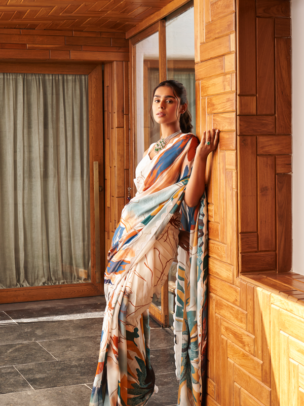 White Multi Color Moss Abstract Printed Saree
