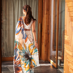 White Multi Color Moss Abstract Printed Saree