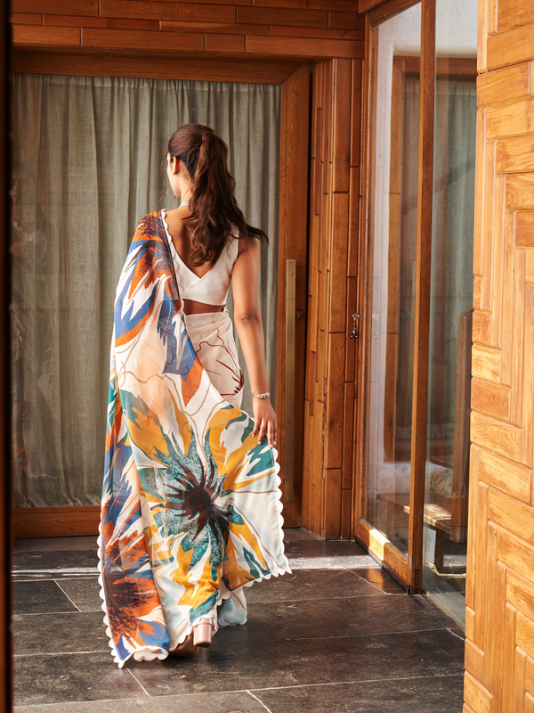 White Multi Color Moss Abstract Printed Saree