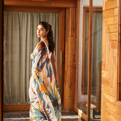 White Multi Color Moss Abstract Printed Saree