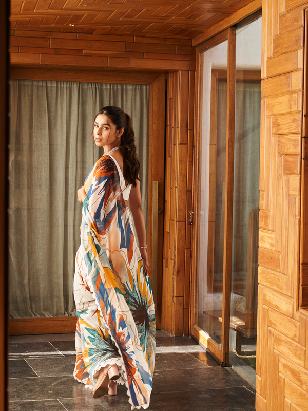 White Multi Color Moss Abstract Printed Saree