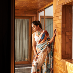 White Multi Color Moss Abstract Printed Saree