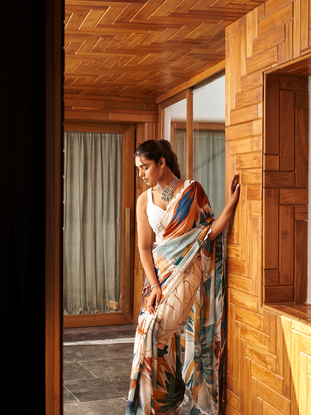 White Multi Color Moss Abstract Printed Saree