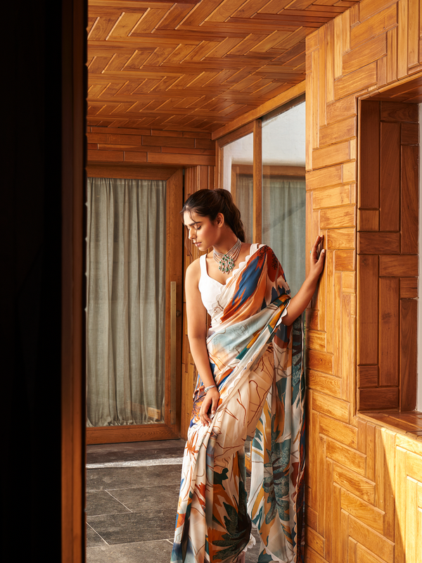White Multi Color Moss Abstract Printed Saree