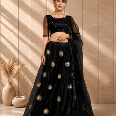 Embroidered Semi Stitched Lehenga Choli (Black)