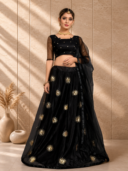 Embroidered Semi Stitched Lehenga Choli (Black)