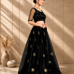 Embroidered Semi Stitched Lehenga Choli (Black)