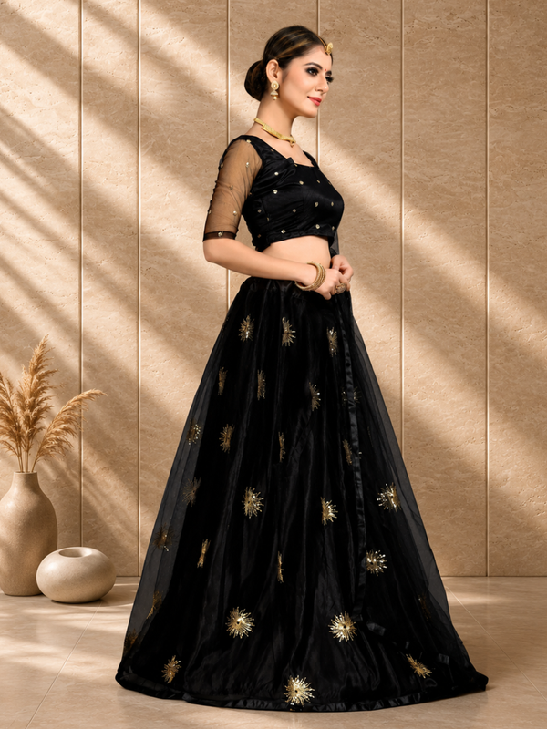 Embroidered Semi Stitched Lehenga Choli (Black)