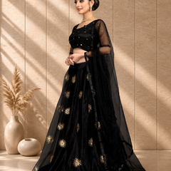 Embroidered Semi Stitched Lehenga Choli (Black)