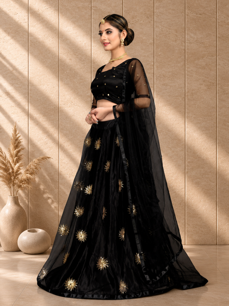 Embroidered Semi Stitched Lehenga Choli (Black)
