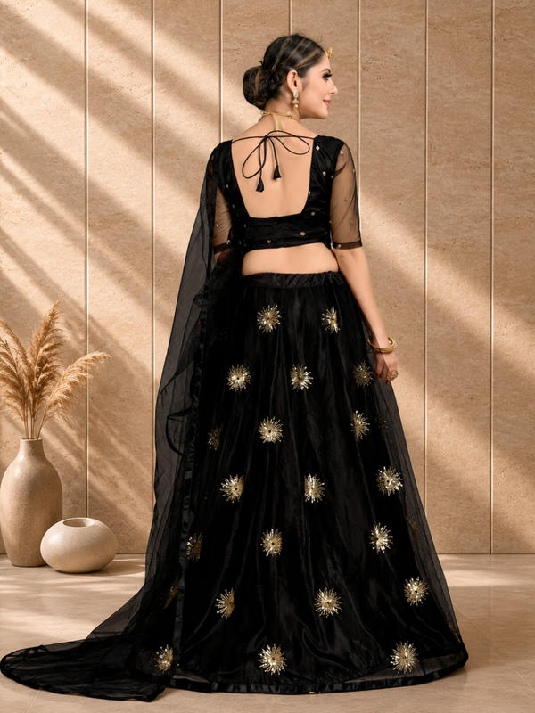Embroidered Semi Stitched Lehenga Choli (Black)