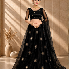 Embroidered Semi Stitched Lehenga Choli (Black)