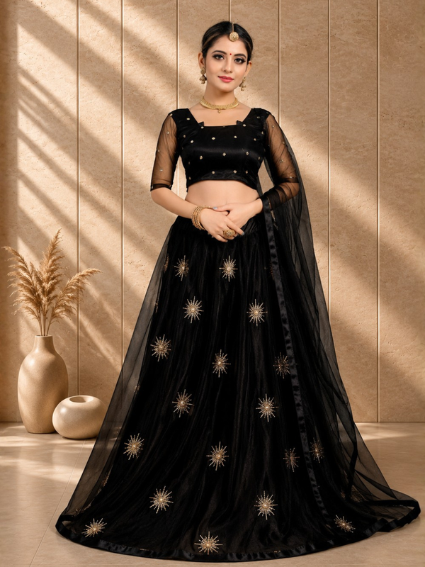 Embroidered Semi Stitched Lehenga Choli (Black)
