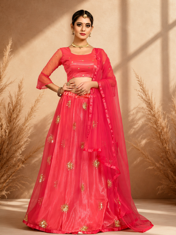 Embroidered Semi Stitched Lehenga Choli (Orange)