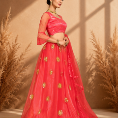 Embroidered Semi Stitched Lehenga Choli (Orange)