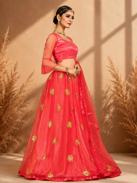 Embroidered Semi Stitched Lehenga Choli (Orange)