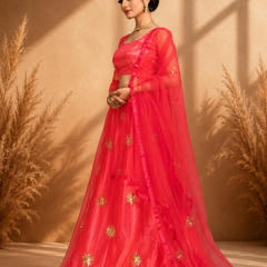 Embroidered Semi Stitched Lehenga Choli (Orange)