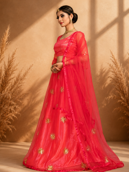Embroidered Semi Stitched Lehenga Choli (Orange)