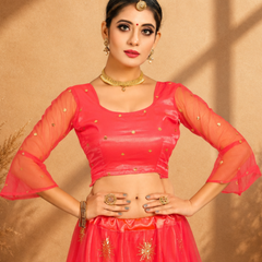 Embroidered Semi Stitched Lehenga Choli (Orange)