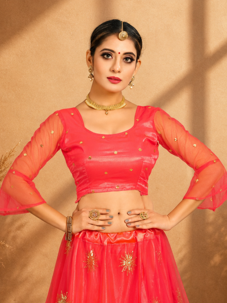 Embroidered Semi Stitched Lehenga Choli (Orange)