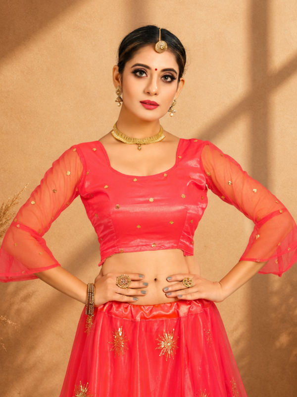 Embroidered Semi Stitched Lehenga Choli (Orange)