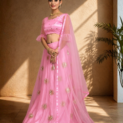 Embroidered Semi Stitched Lehenga Choli (Pink)