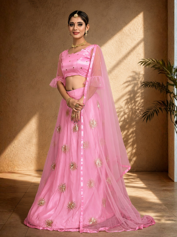 Embroidered Semi Stitched Lehenga Choli (Pink)