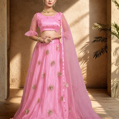Embroidered Semi Stitched Lehenga Choli (Pink)