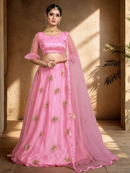 Embroidered Semi Stitched Lehenga Choli (Pink)
