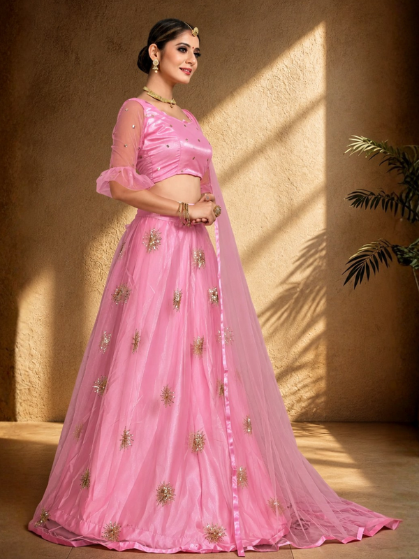 Embroidered Semi Stitched Lehenga Choli (Pink)