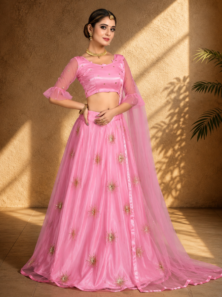 Embroidered Semi Stitched Lehenga Choli (Pink)