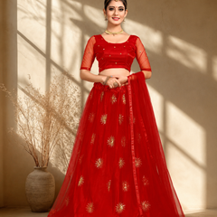 Embroidered Semi Stitched Lehenga Choli (Red)