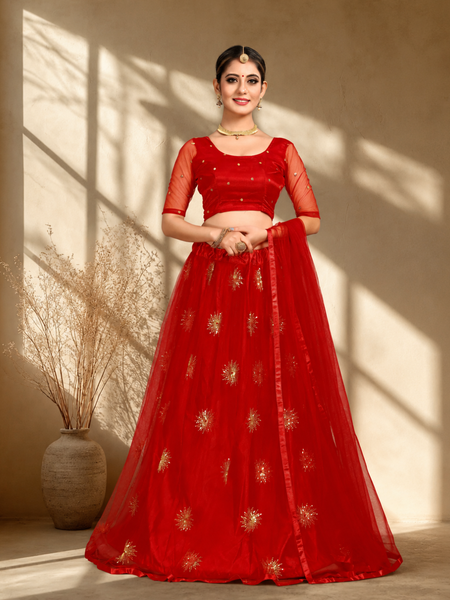 Embroidered Semi Stitched Lehenga Choli (Red)