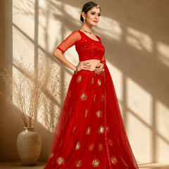Embroidered Semi Stitched Lehenga Choli (Red)