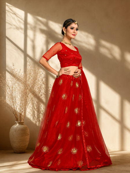 Embroidered Semi Stitched Lehenga Choli (Red)