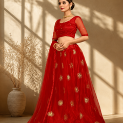 Embroidered Semi Stitched Lehenga Choli (Red)