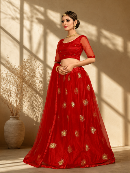 Embroidered Semi Stitched Lehenga Choli (Red)