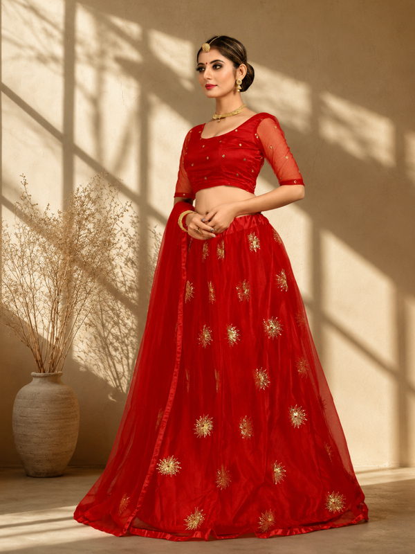 Embroidered Semi Stitched Lehenga Choli (Red)