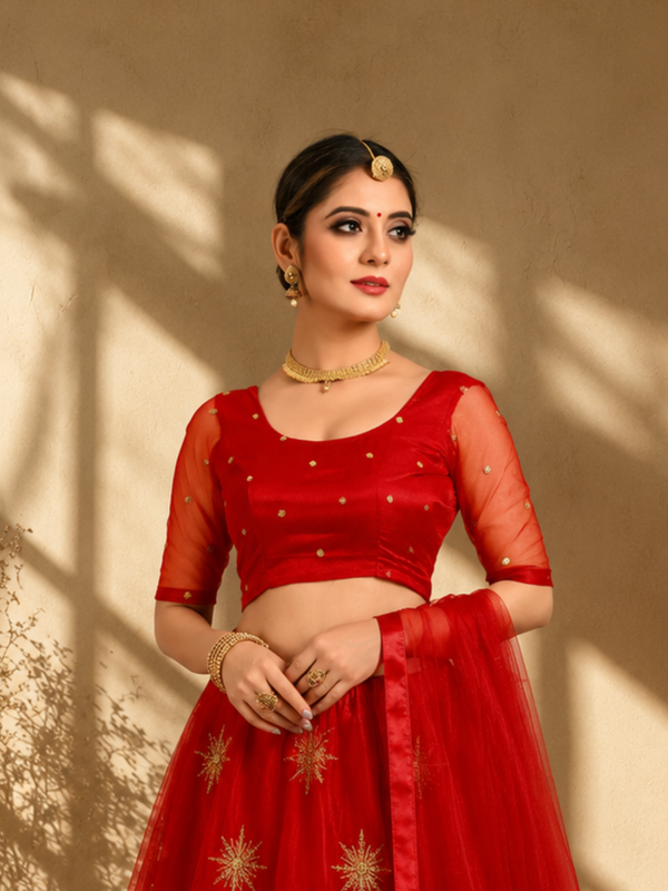 Embroidered Semi Stitched Lehenga Choli (Red)