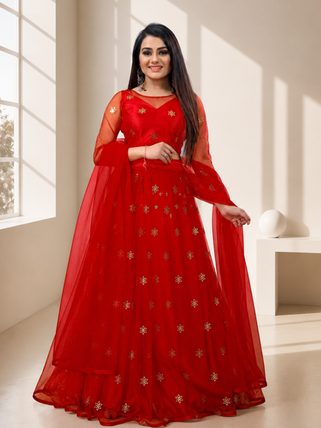 Embroidered Semi Stitched Lehenga Choli (Red)