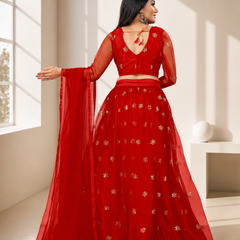 Embroidered Semi Stitched Lehenga Choli (Red)