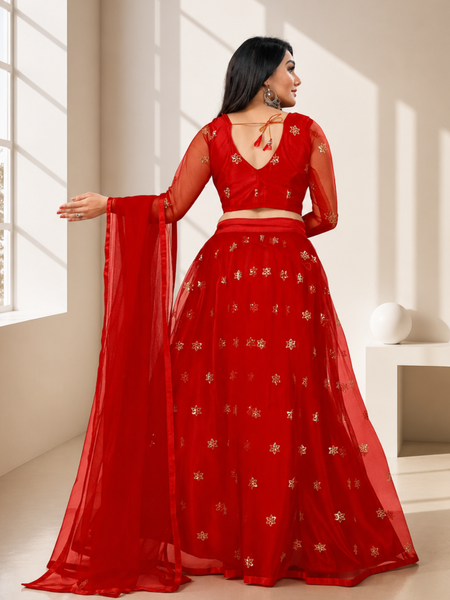 Embroidered Semi Stitched Lehenga Choli (Red)